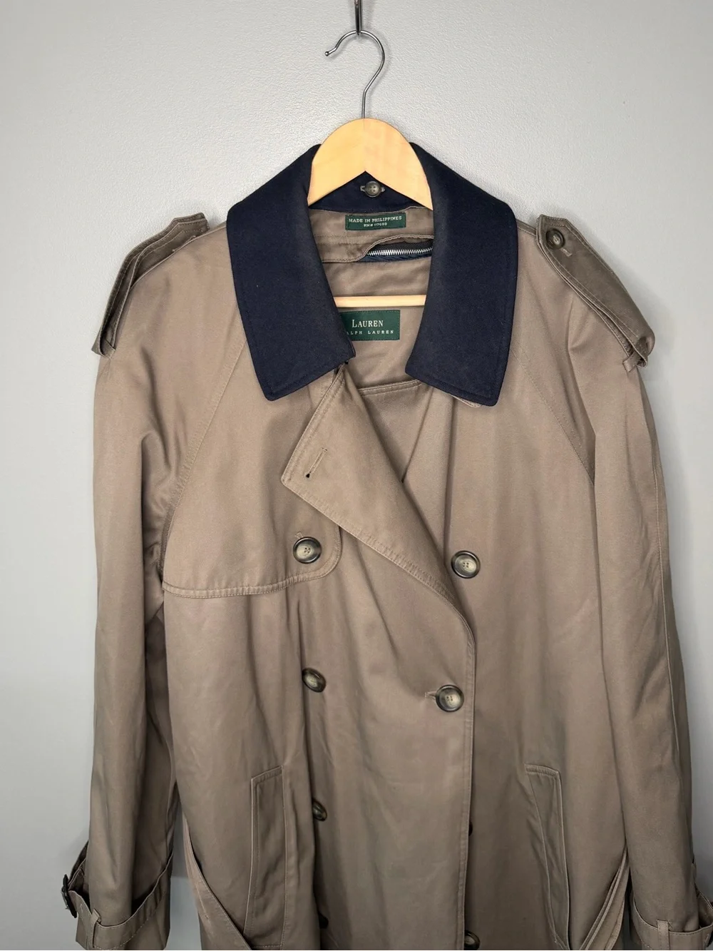 Lauren Ralph Lauren Vintage Double Breasted Trench Coat Contrast Collar Belted
